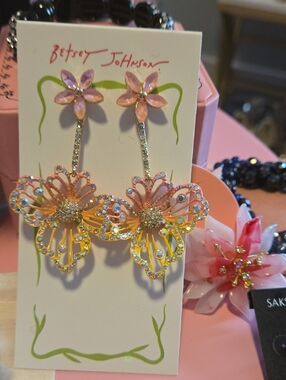 Betsey Johnson Pink and Yellow Crystal Butterfly Drop Earrings